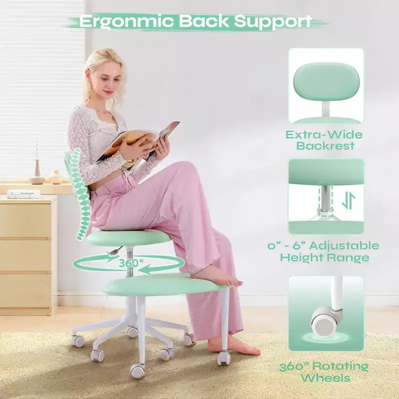 Silla ergonómica con ruedas con diseño de tiras cruzadas, silla de oficina sin brazos para espacios pequeños, soporte lumbar mejorado, altura ajustable