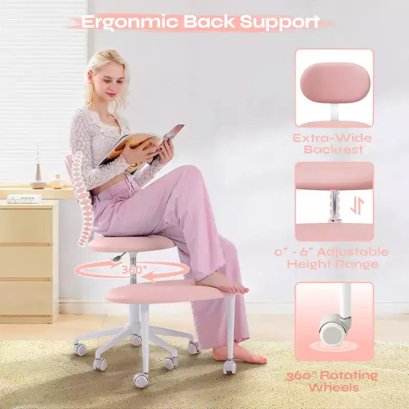 Silla ergonómica con ruedas con diseño de tiras cruzadas, silla de oficina sin brazos para espacios pequeños, soporte lumbar mejorado, altura ajustable