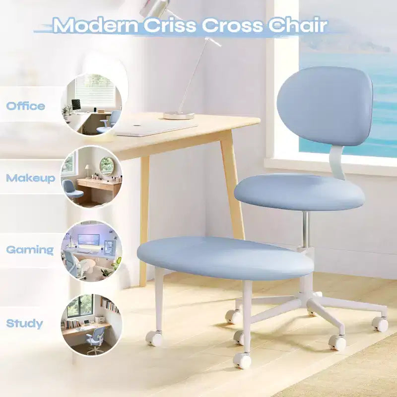 Silla ergonómica con ruedas con diseño de tiras cruzadas, silla de oficina sin brazos para espacios pequeños, soporte lumbar mejorado, altura ajustable