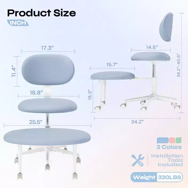 Silla ergonómica con ruedas con diseño de tiras cruzadas, silla de oficina sin brazos para espacios pequeños, soporte lumbar mejorado, altura ajustable