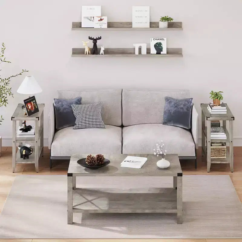 Mesa auxiliar de granja, mesa auxiliar rústica con estante de almacenamiento para espacios pequeños, mesita de noche gris, mesita de noche estrecha para sala de estar, dormitorio (2 piezas)