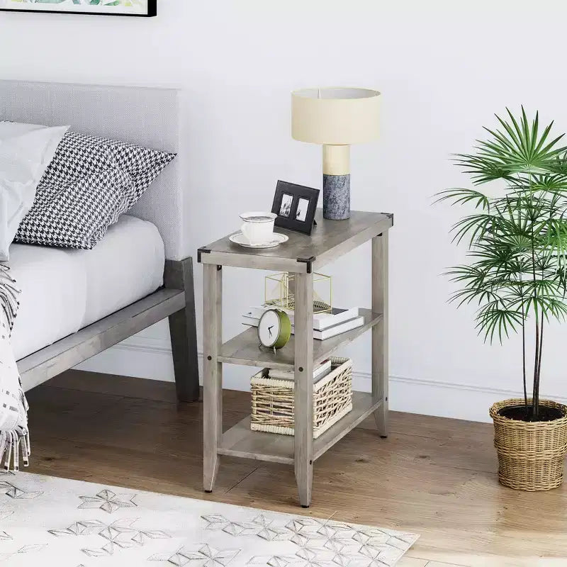 Mesa auxiliar de granja, mesa auxiliar rústica con estante de almacenamiento para espacios pequeños, mesita de noche gris, mesita de noche estrecha para sala de estar, dormitorio (2 piezas)