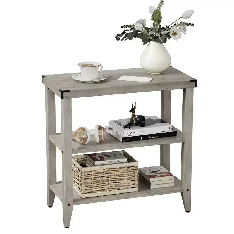 Mesa auxiliar de granja, mesa auxiliar rústica con estante de almacenamiento para espacios pequeños, mesita de noche gris, mesita de noche estrecha para sala de estar, dormitorio (2 piezas)