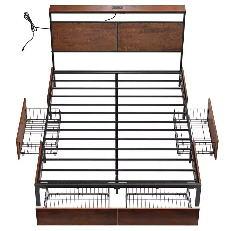 Base de cama tapizada con cabecero LED, cajones de almacenamiento y puertos USB, no necesita somier