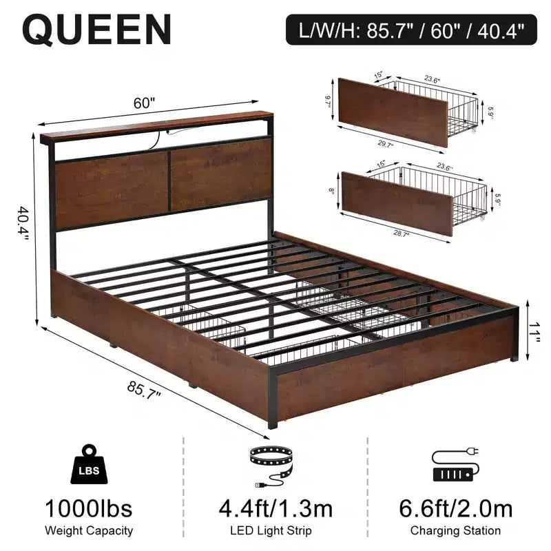 Base de cama tapizada con cabecero LED, cajones de almacenamiento y puertos USB, no necesita somier