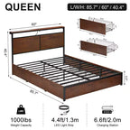 Base de cama tapizada con cabecero LED, cajones de almacenamiento y puertos USB, no necesita somier
