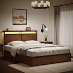 Base de cama tapizada con cabecero LED, cajones de almacenamiento y puertos USB, no necesita somier