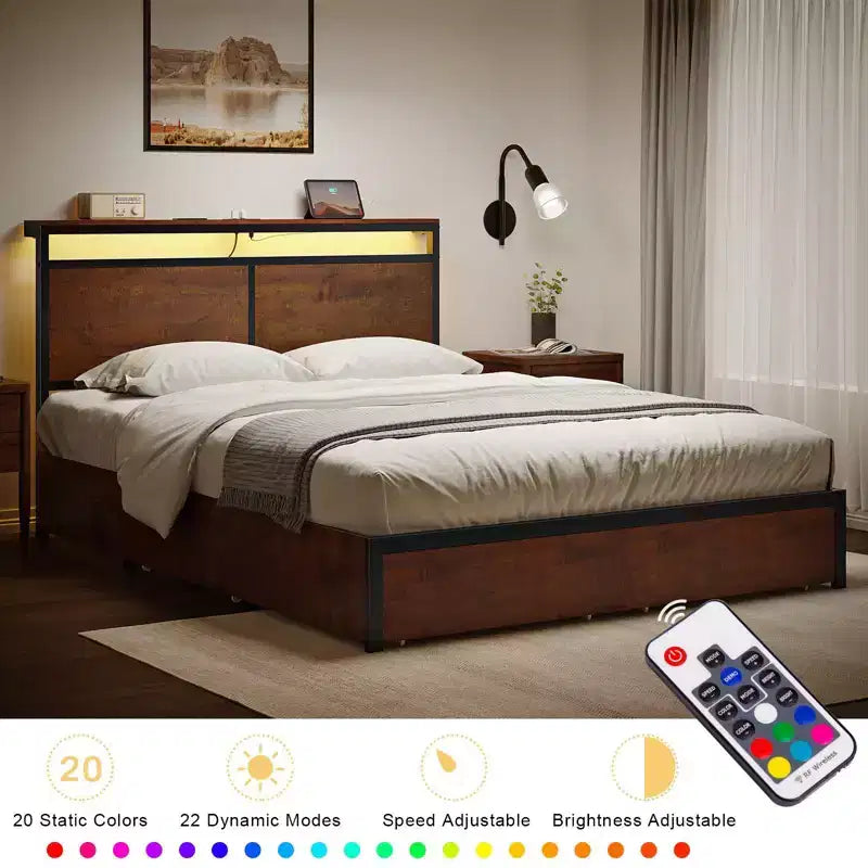 Base de cama tapizada con cabecero LED, cajones de almacenamiento y puertos USB, no necesita somier