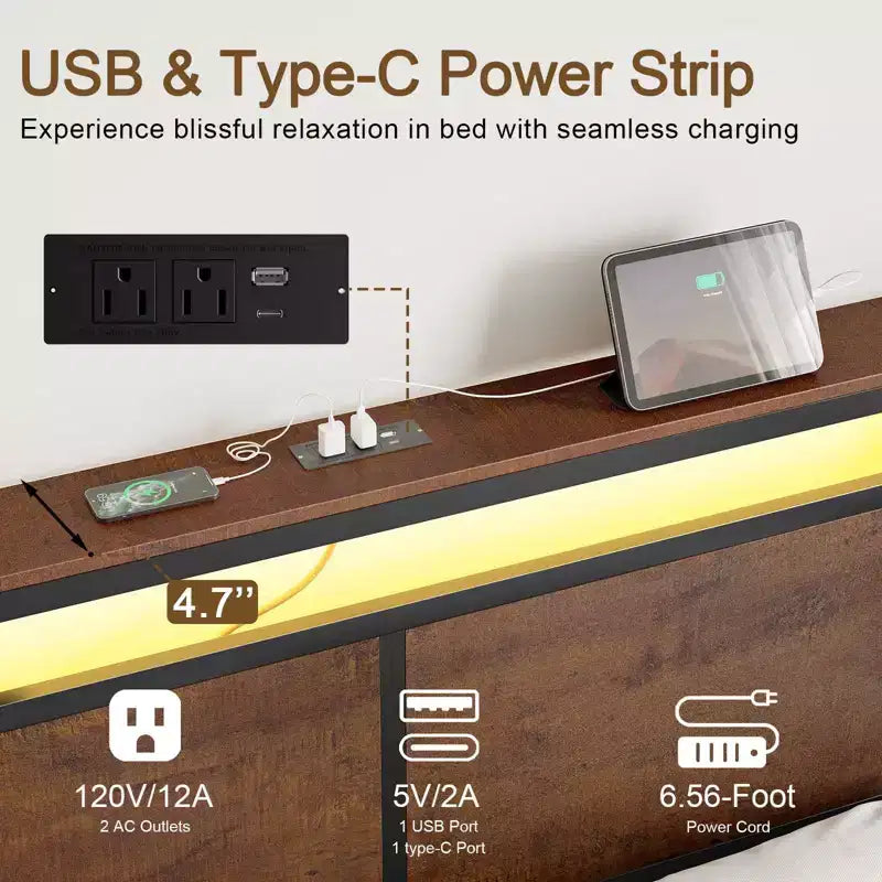 Base de cama tapizada con cabecero LED, cajones de almacenamiento y puertos USB, no necesita somier