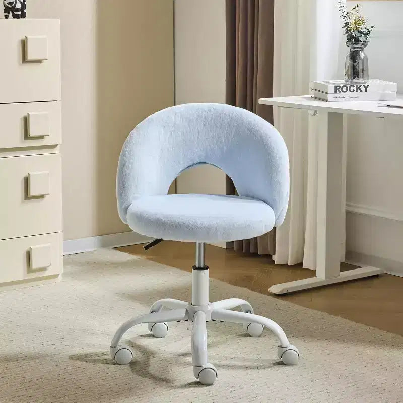 Silla giratoria 360 pequeña para tocador con ruedas para niñas, linda silla de escritorio de oficina sin brazos de altura ajustable para espacios pequeños, azul