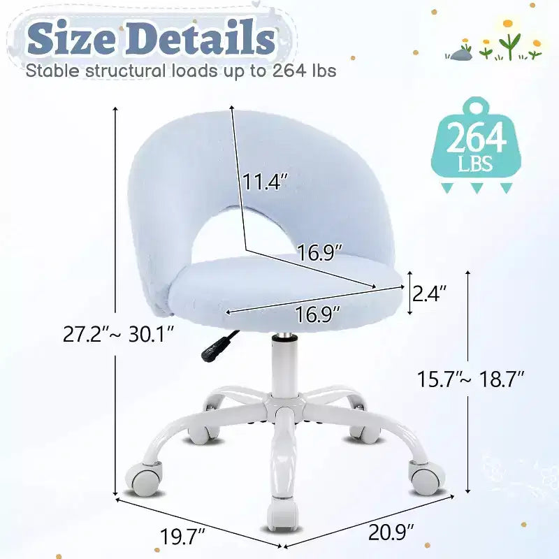 Silla giratoria 360 pequeña para tocador con ruedas para niñas, linda silla de escritorio de oficina sin brazos de altura ajustable para espacios pequeños, azul