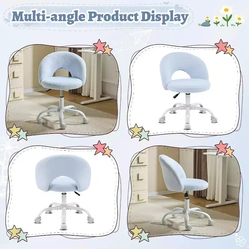 Silla giratoria 360 pequeña para tocador con ruedas para niñas, linda silla de escritorio de oficina sin brazos de altura ajustable para espacios pequeños, azul