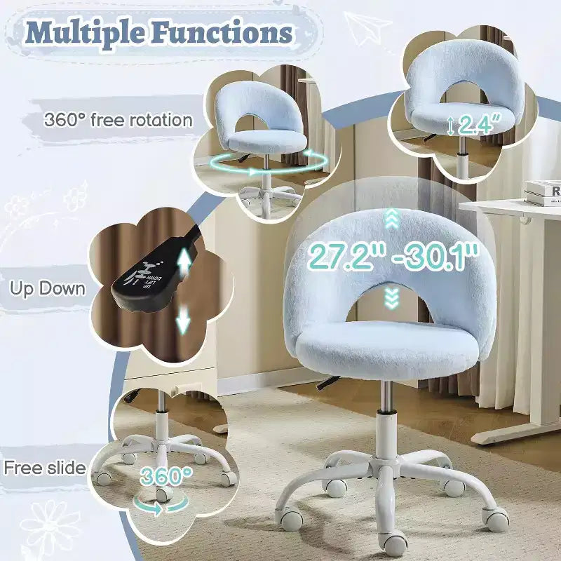 Silla giratoria 360 pequeña para tocador con ruedas para niñas, linda silla de escritorio de oficina sin brazos de altura ajustable para espacios pequeños, azul