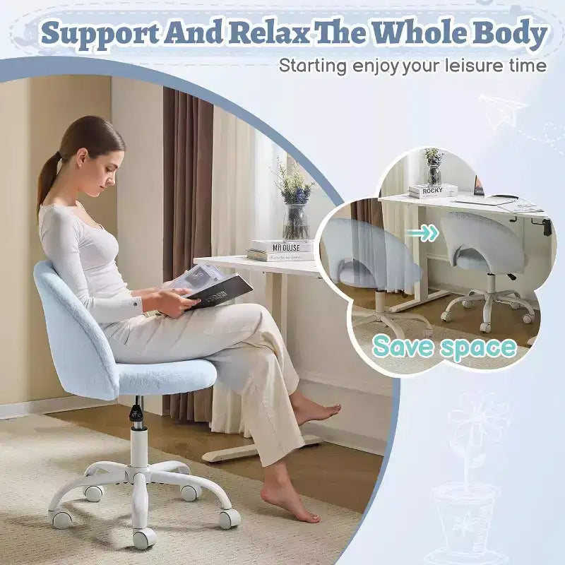 Silla giratoria 360 pequeña para tocador con ruedas para niñas, linda silla de escritorio de oficina sin brazos de altura ajustable para espacios pequeños, azul