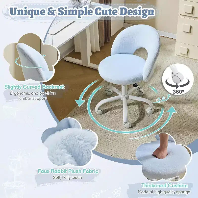 Silla giratoria 360 pequeña para tocador con ruedas para niñas, linda silla de escritorio de oficina sin brazos de altura ajustable para espacios pequeños, azul