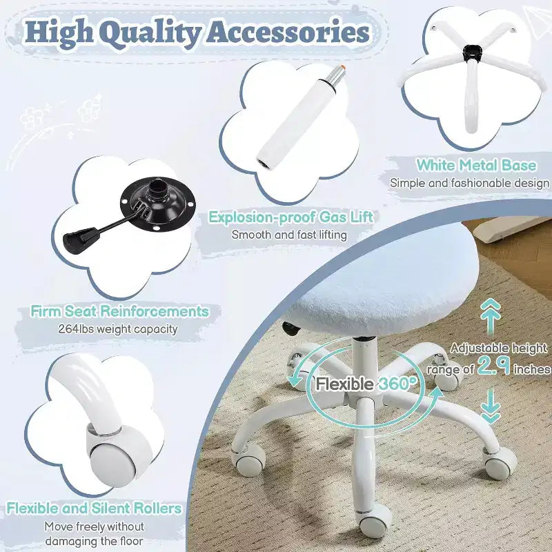 Silla giratoria 360 pequeña para tocador con ruedas para niñas, linda silla de escritorio de oficina sin brazos de altura ajustable para espacios pequeños, azul