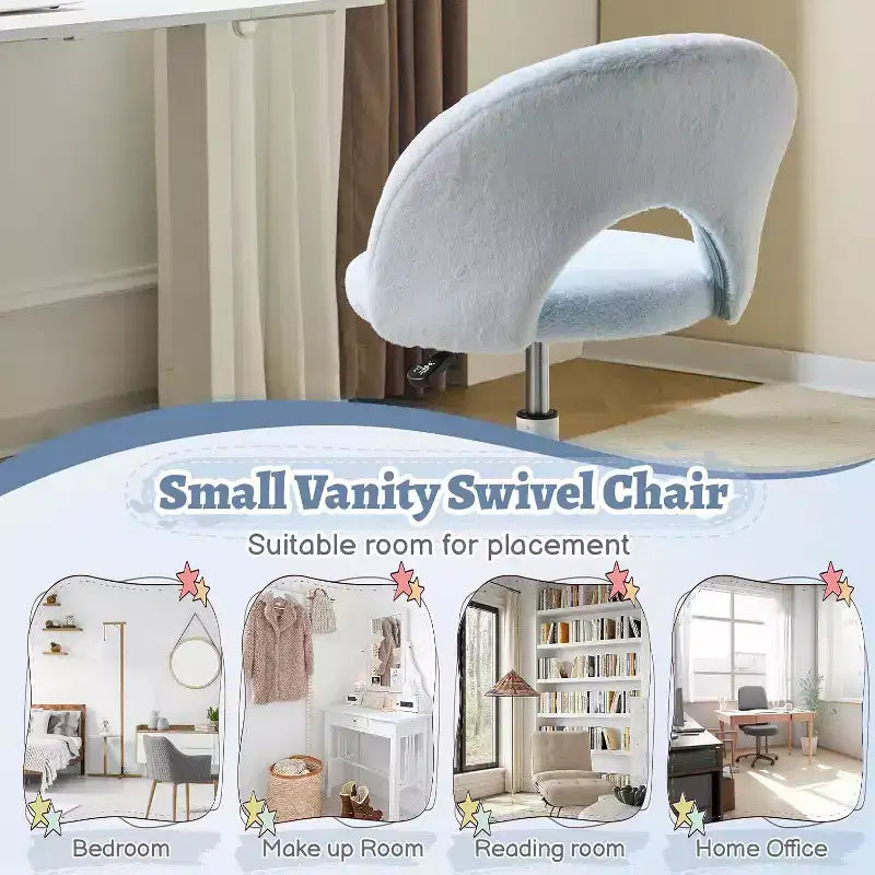 Silla giratoria 360 pequeña para tocador con ruedas para niñas, linda silla de escritorio de oficina sin brazos de altura ajustable para espacios pequeños, azul