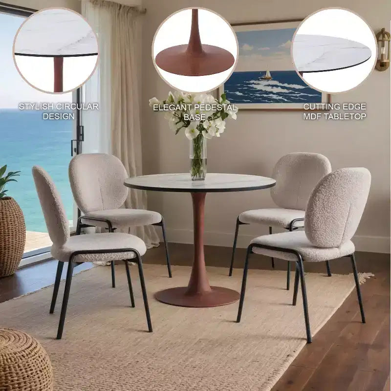 Mesa de comedor redonda con tablero de MDF y base de pedestal de acero color cerezo, mesa auxiliar moderna para cocina, comedor y espacios pequeños