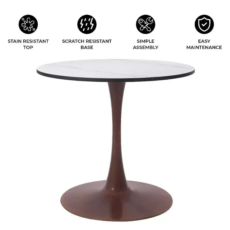 Mesa de comedor redonda con tablero de MDF y base de pedestal de acero color cerezo, mesa auxiliar moderna para cocina, comedor y espacios pequeños
