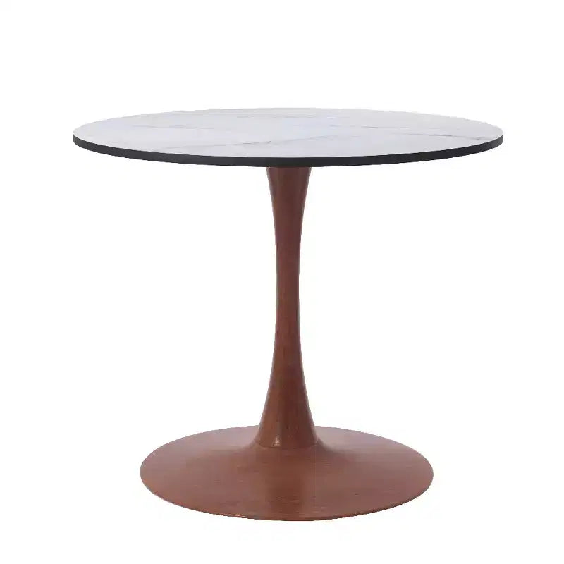 Mesa de comedor redonda con tablero de MDF y base de pedestal de acero color cerezo, mesa auxiliar moderna para cocina, comedor y espacios pequeños