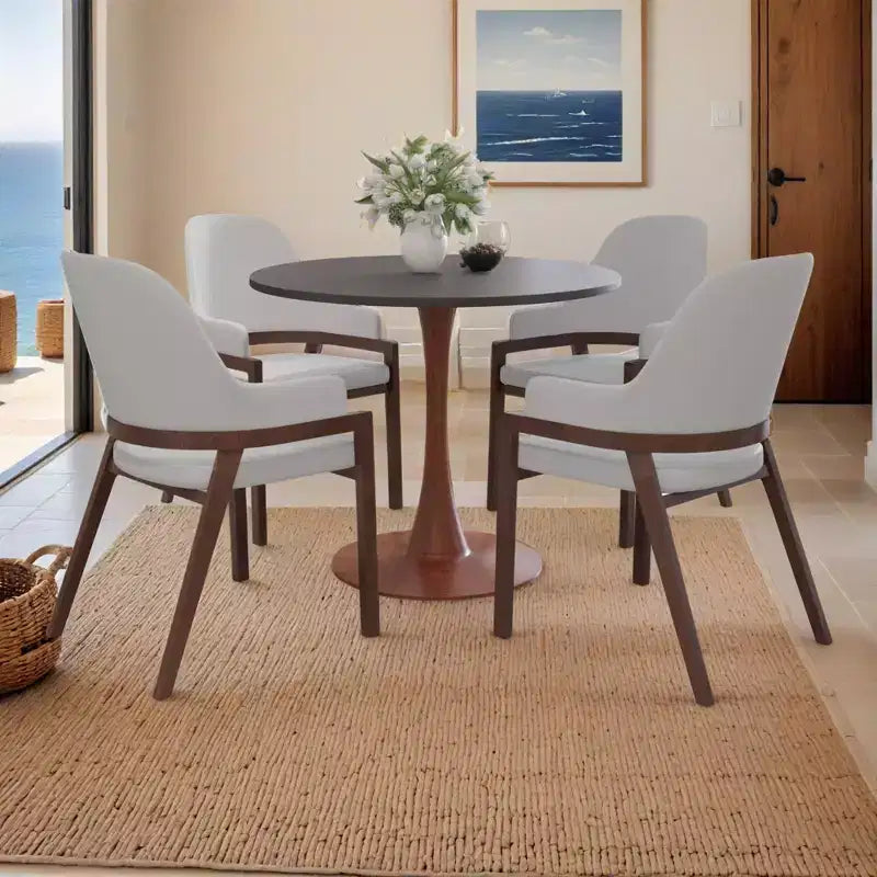 Mesa de comedor redonda con tablero de MDF y base de pedestal de acero color cerezo, mesa auxiliar moderna para cocina, comedor y espacios pequeños