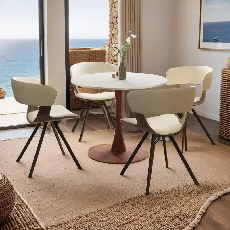 Mesa de comedor redonda con tablero de MDF y base de pedestal de acero color cerezo, mesa auxiliar moderna para cocina, comedor y espacios pequeños