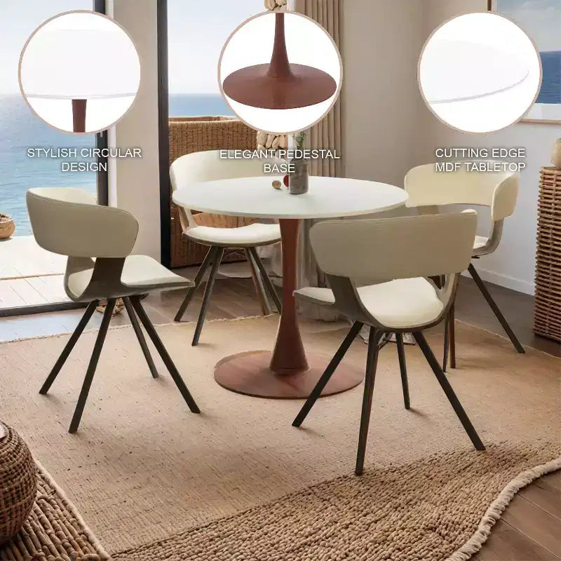 Mesa de comedor redonda con tablero de MDF y base de pedestal de acero color cerezo, mesa auxiliar moderna para cocina, comedor y espacios pequeños