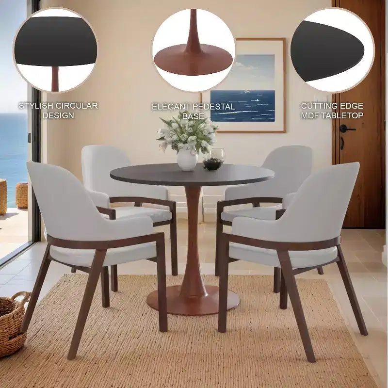 Mesa de comedor redonda con tablero de MDF y base de pedestal de acero color cerezo, mesa auxiliar moderna para cocina, comedor y espacios pequeños