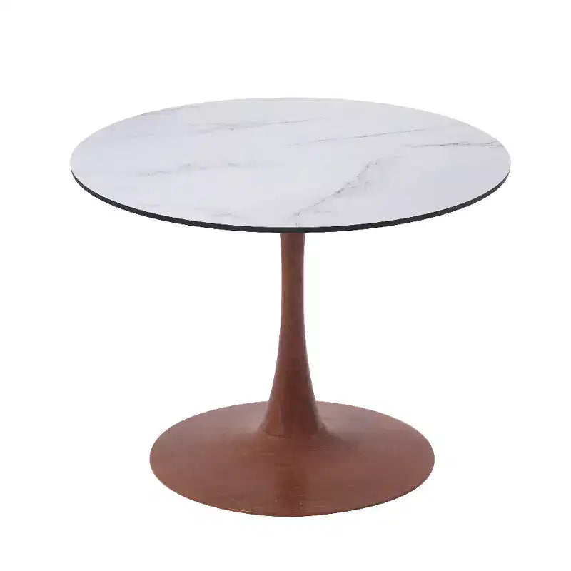 Mesa de comedor redonda con tablero de MDF y base de pedestal de acero color cerezo, mesa auxiliar moderna para cocina, comedor y espacios pequeños