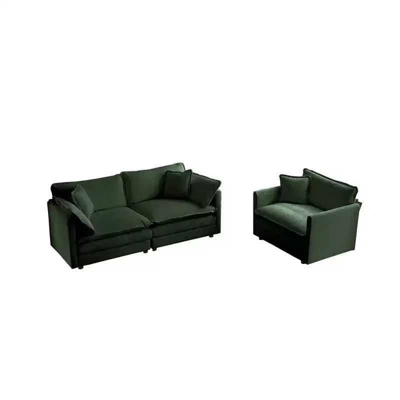 Juego de sofá de 3 piezas con cojines para brazos y cojines decorativos. El juego de sofá incluye 2 sillones individuales y un sofá de 2 plazas. Chenilla verde.