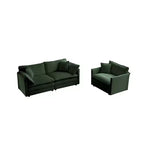 Juego de sofá de 3 piezas con cojines para brazos y cojines decorativos. El juego de sofá incluye 2 sillones individuales y un sofá de 2 plazas. Chenilla verde.