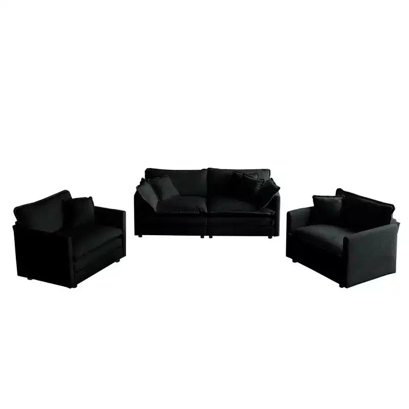 Juego de sofá de 3 piezas con cojines para brazos y cojines decorativos. El juego de sofá incluye 2 sillones individuales y un sofá de 2 plazas. Chenilla verde.