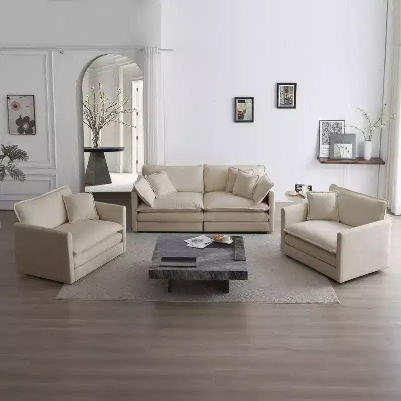 Juego de sofá de 3 piezas con cojines para brazos y cojines decorativos. El juego de sofá incluye 2 sillones individuales y un sofá de 2 plazas. Chenilla verde.