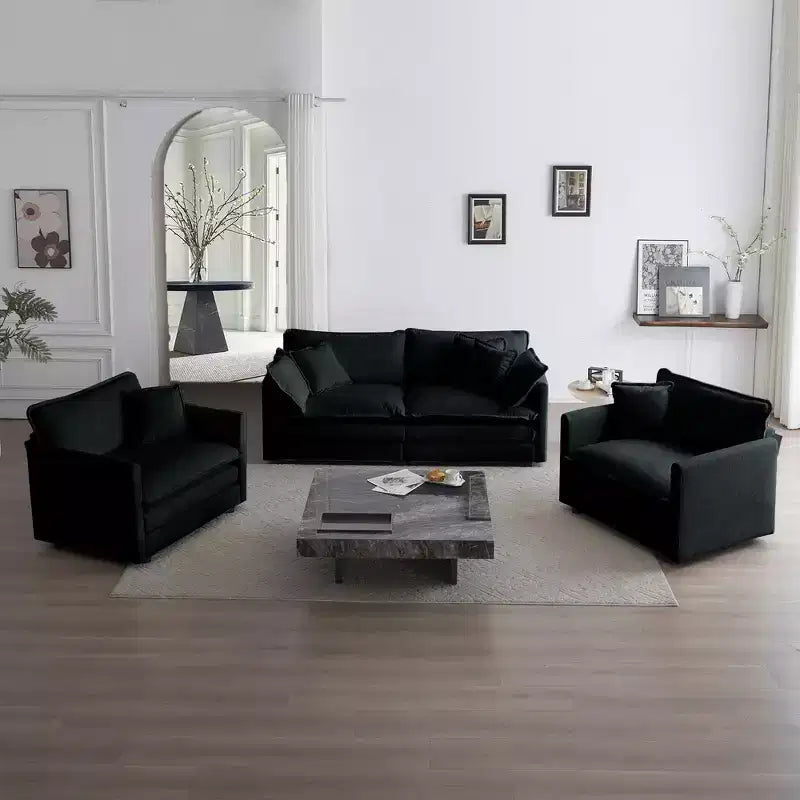Juego de sofá de 3 piezas con cojines para brazos y cojines decorativos. El juego de sofá incluye 2 sillones individuales y un sofá de 2 plazas. Chenilla verde.