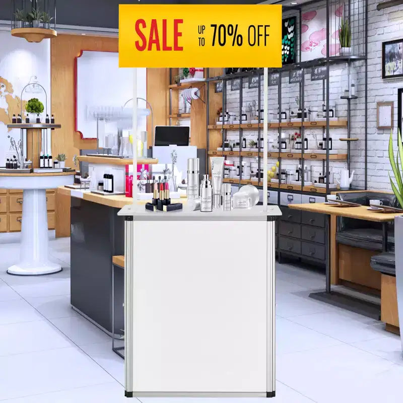 Mesa mostrador promocional, mesa de podio portátil para feria comercial, stand de mostrador de exposición con pared, blanco