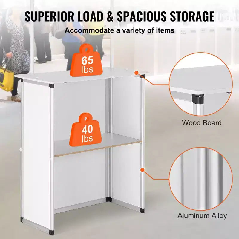 Mesa mostrador promocional, mesa de podio portátil para feria comercial, stand de mostrador de exposición con pared, blanco
