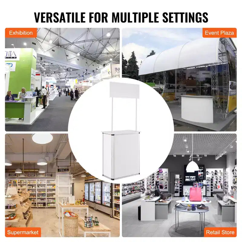 Mesa mostrador promocional, mesa de podio portátil para feria comercial, stand de mostrador de exposición con pared, blanco