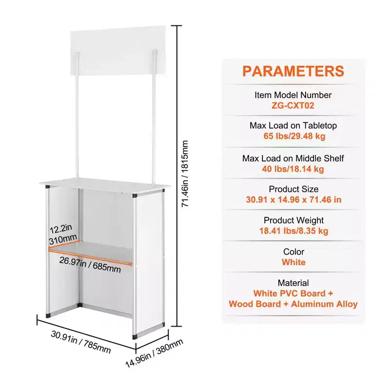 Mesa mostrador promocional, mesa de podio portátil para feria comercial, stand de mostrador de exposición con pared, blanco