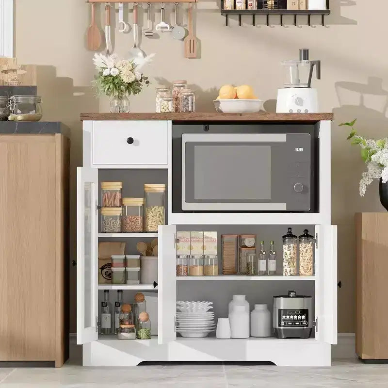 Mueble de Cocina para Microondas con 3 Puertas, 1 Cajón y Estantes Ajustables, Aparador Buffet de Almacenamiento para Cocina, Comedor y Sala de Estar