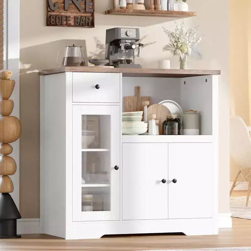 Mueble de Cocina para Microondas con 3 Puertas, 1 Cajón y Estantes Ajustables, Aparador Buffet de Almacenamiento para Cocina, Comedor y Sala de Estar