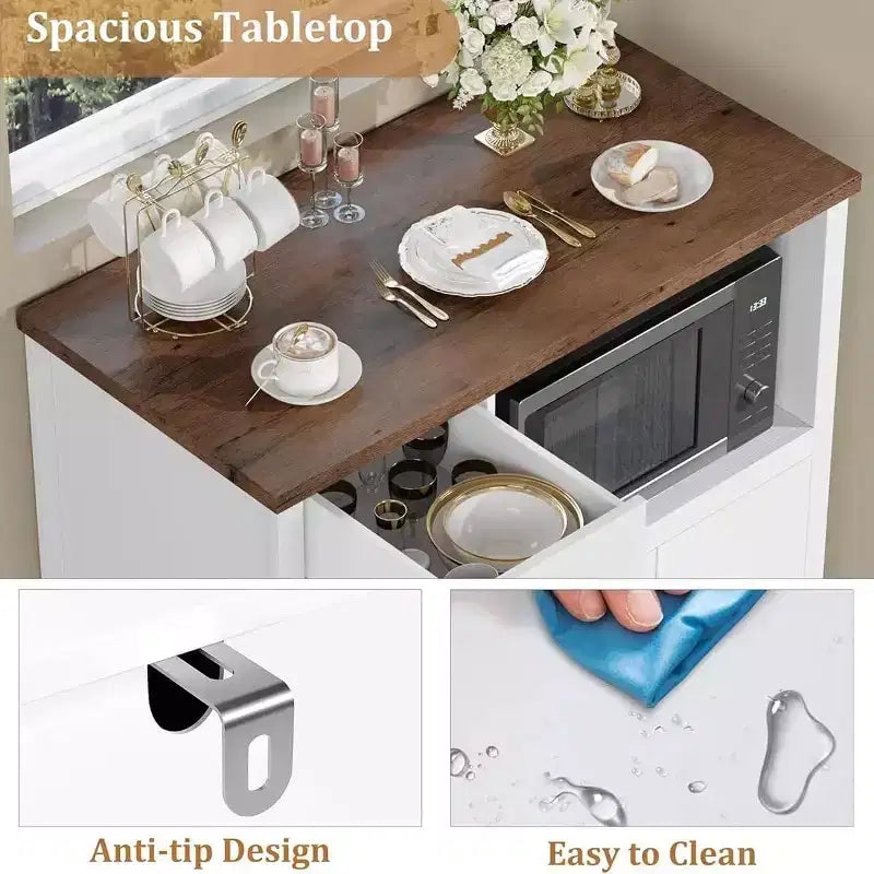 Mueble de Cocina para Microondas con 3 Puertas, 1 Cajón y Estantes Ajustables, Aparador Buffet de Almacenamiento para Cocina, Comedor y Sala de Estar