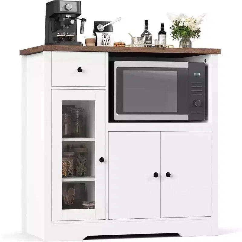 Mueble de Cocina para Microondas con 3 Puertas, 1 Cajón y Estantes Ajustables, Aparador Buffet de Almacenamiento para Cocina, Comedor y Sala de Estar