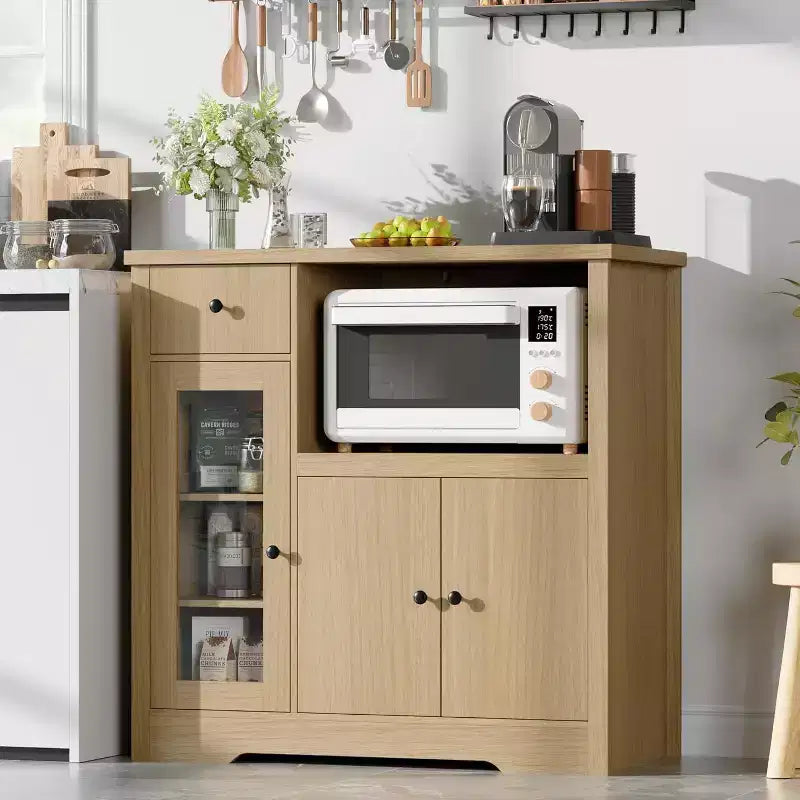 Mueble de Cocina para Microondas con 3 Puertas, 1 Cajón y Estantes Ajustables, Aparador Buffet de Almacenamiento para Cocina, Comedor y Sala de Estar