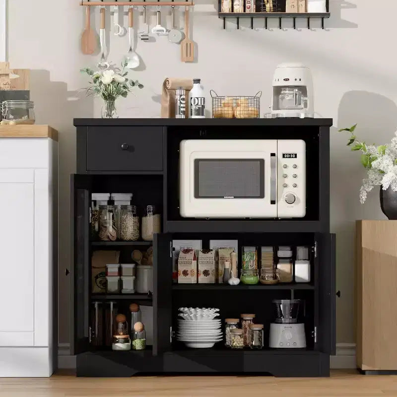 Mueble de Cocina para Microondas con 3 Puertas, 1 Cajón y Estantes Ajustables, Aparador Buffet de Almacenamiento para Cocina, Comedor y Sala de Estar