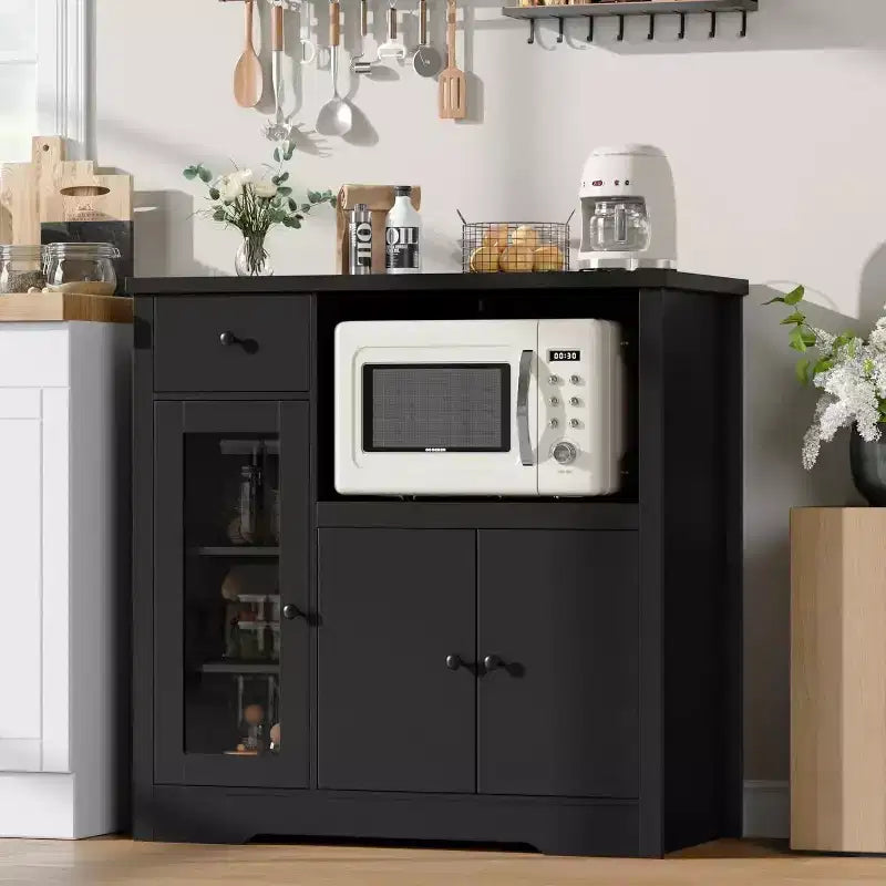 Mueble de Cocina para Microondas con 3 Puertas, 1 Cajón y Estantes Ajustables, Aparador Buffet de Almacenamiento para Cocina, Comedor y Sala de Estar