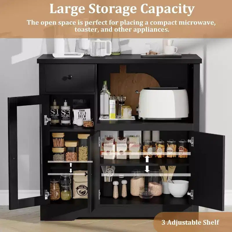 Mueble de Cocina para Microondas con 3 Puertas, 1 Cajón y Estantes Ajustables, Aparador Buffet de Almacenamiento para Cocina, Comedor y Sala de Estar
