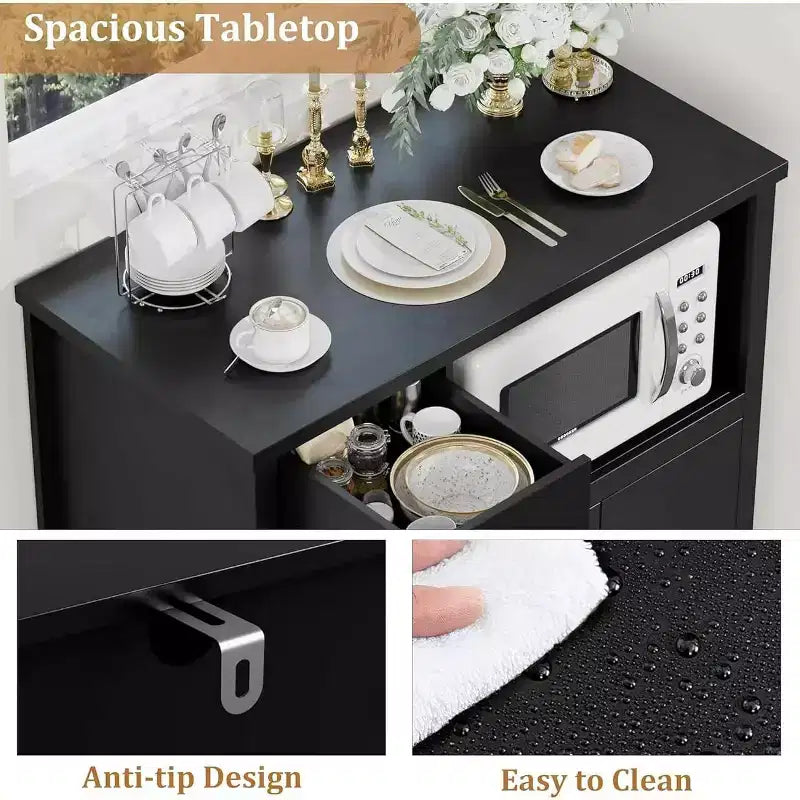 Mueble de Cocina para Microondas con 3 Puertas, 1 Cajón y Estantes Ajustables, Aparador Buffet de Almacenamiento para Cocina, Comedor y Sala de Estar
