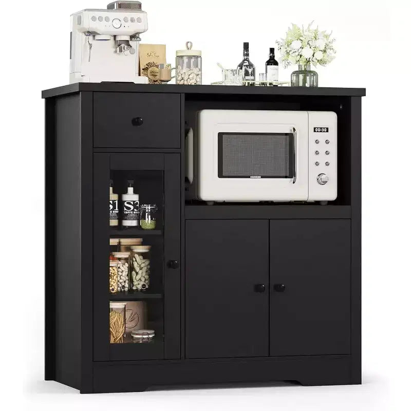 Mueble de Cocina para Microondas con 3 Puertas, 1 Cajón y Estantes Ajustables, Aparador Buffet de Almacenamiento para Cocina, Comedor y Sala de Estar