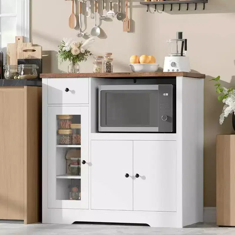 Mueble de Cocina para Microondas con 3 Puertas, 1 Cajón y Estantes Ajustables, Aparador Buffet de Almacenamiento para Cocina, Comedor y Sala de Estar