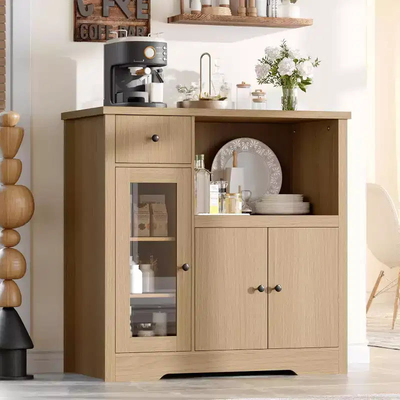 Mueble de Cocina para Microondas con 3 Puertas, 1 Cajón y Estantes Ajustables, Aparador Buffet de Almacenamiento para Cocina, Comedor y Sala de Estar